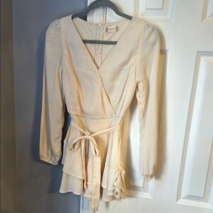 Altar'd State Cream Wrap Romper Dress with V-Neck and Ruffled Sleeves